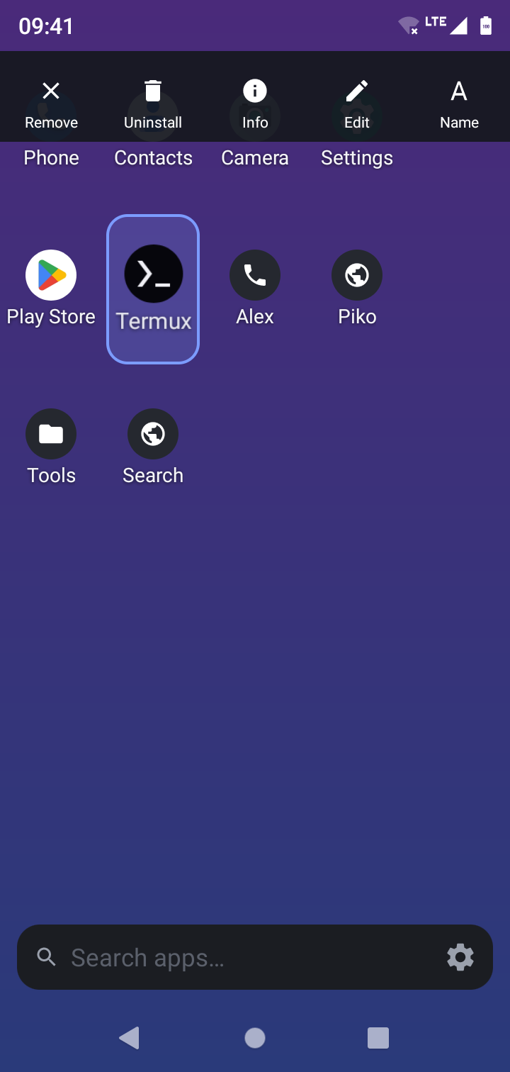Long-press menu with app info, rename, uninstall and remove