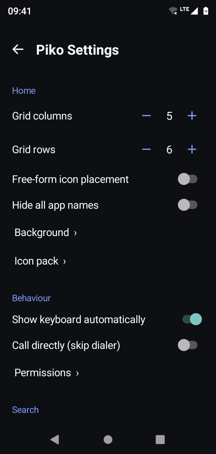 Layout and behaviour settings