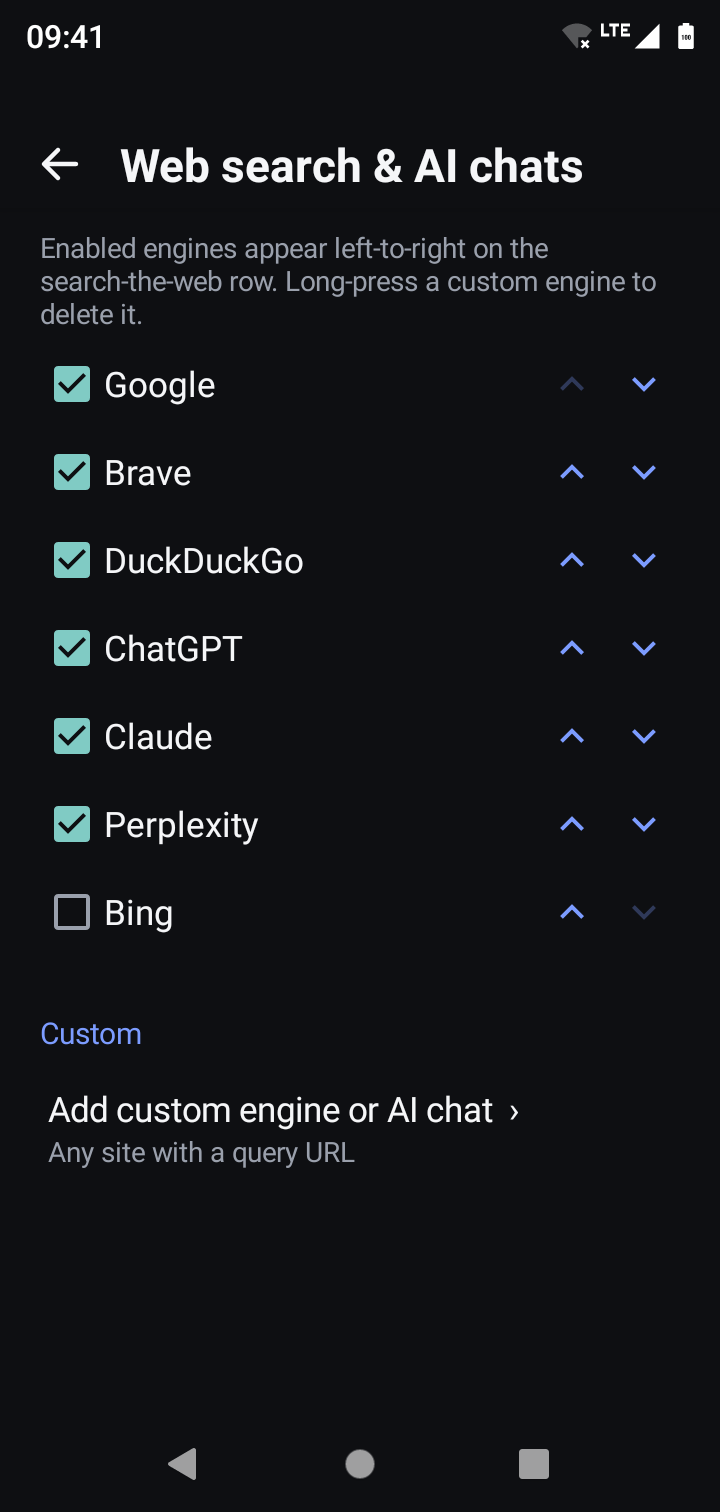 Reorderable list of web search engines and AI chats