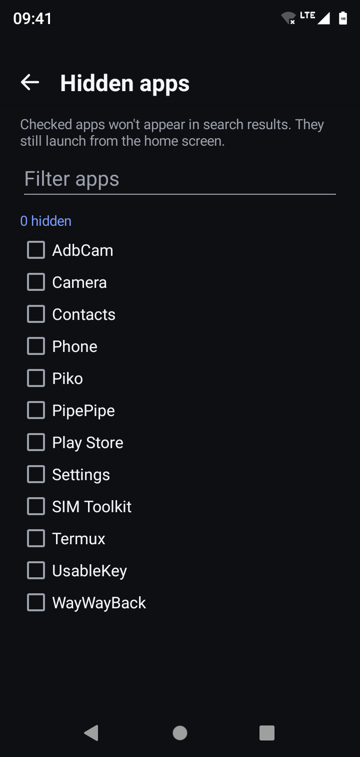 Hidden apps screen