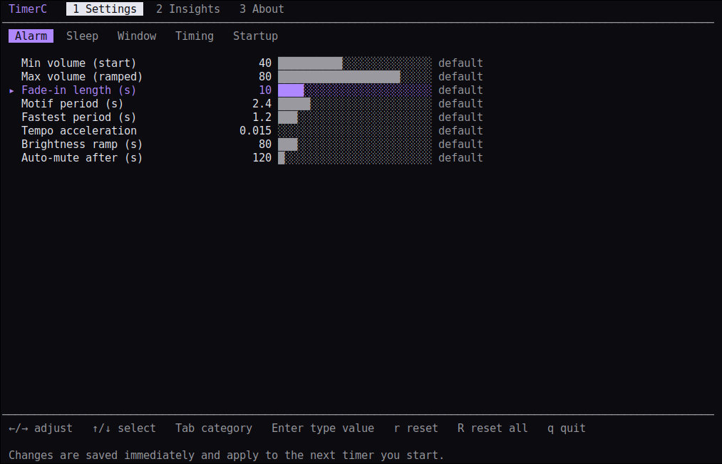 timerc config terminal UI