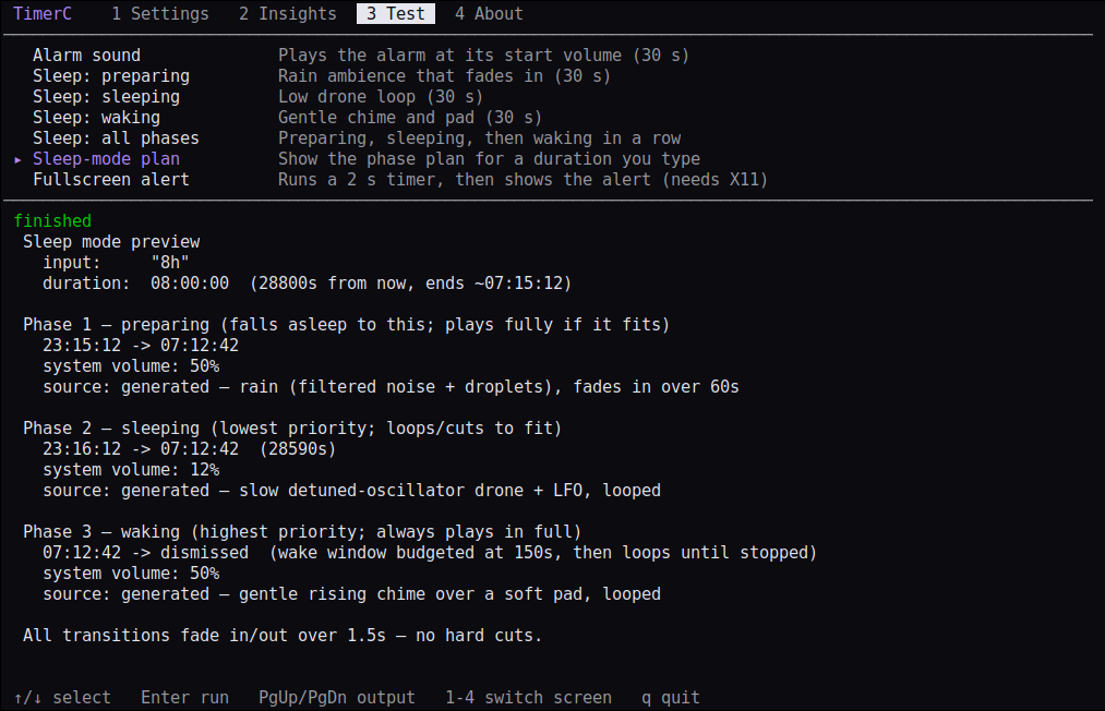timerc config test screen
